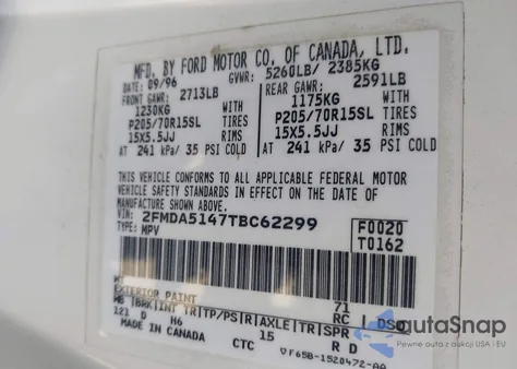 1996 Ford Windstar Wagon z USA, uszkodzony, nr VIN 2FMDA5147TBC62299